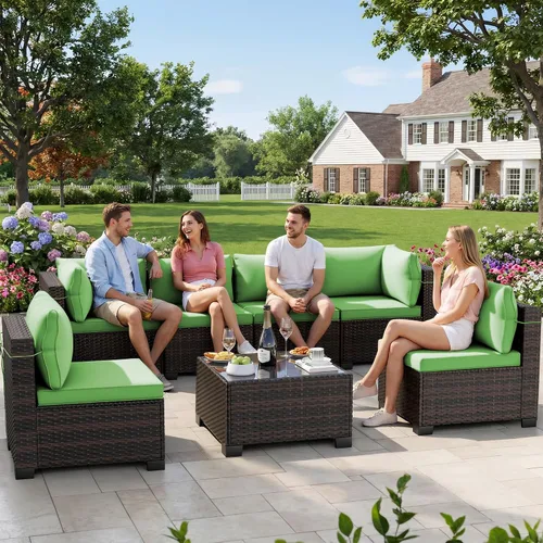 Vista 17 de LEVELEVE Juego de 7 muebles de patio al aire libre, juego seccional de conversación de ratán, sofá de mimbre de tejido manual con mesa de té Marrón