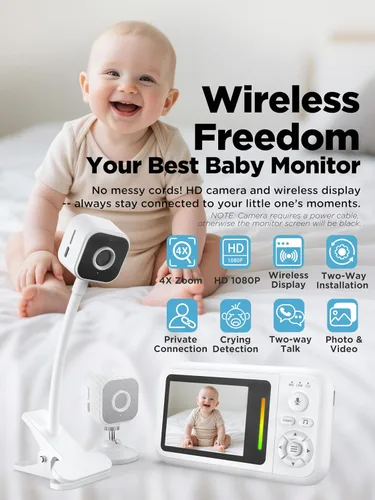 Vista 2 de NUOTUN Monitor de bebé con cámara y audio, monitor de bebé sin wifi con clip para cuna y soporte, monitor inalámbrico HD portátil de 2.8 pulgadas