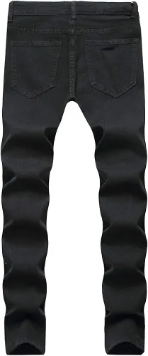 Vista 4 de LONGBIDA Pantalones de mezclilla ajustados rasgados para hombre, elásticos, ajustados, con agujeros en la rodilla, pierna cónica