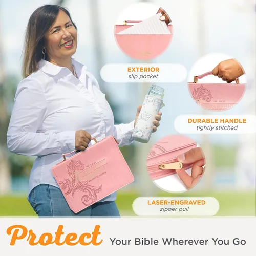 Vista 5 de Christian Art Gifts Funda de piel sintética para mujer, diseño floral rosa y dorado para mujer: Todo a través de Cristo - Fil. 4:13 Escritura