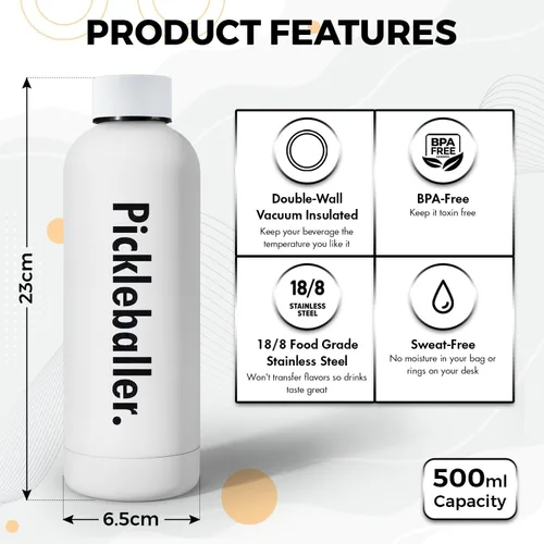 Vista 3 de Generic Botella de agua de pickleball – 16 onzas, blanco, plástico, deportes, pickleball, actividades al aire libre, libre de BPA, reutilizable