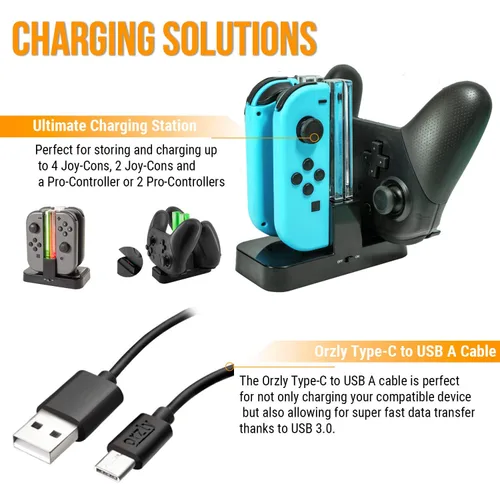 Vista 6 de Orzly Accessories Bundle Compatible with Nintendo Switch & OLED Case & Screen Protector, Joycon Grips & Racing Wheels, Controller Charge Dock