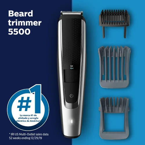 Vista 2 de Norelco Philips BT5511/49 - Cortadora de barba y cortapelos serie 5500, eléctrica, inalámbrica, de una pasada, con función lavable para una fácil