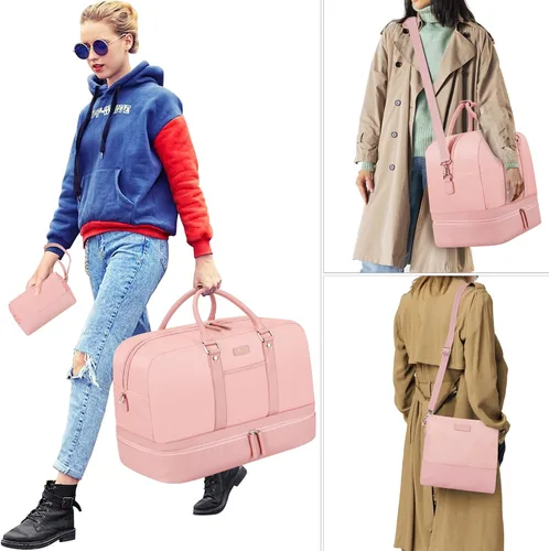 Vista 45 de IBFUN Bolsas de fin de semana para mujer, bolsa grande de lona para viaje, bolsa de viaje con compartimento para zapatos, 21 pulgadas, juego de 3