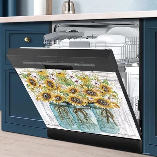 Vista 2 de Adhesivo para cubierta de lavavajillas con diseño de girasoles de granja, panel de calcomanías para nevera, funda de vinilo estilo granja, ordinario