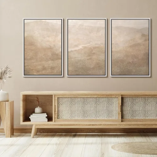 Vista 87 de SIGNFORD - Set de obras de arte en lienzo enmarcado para pared, ilustraciones abstractas de neblina del desierto en tonos neutros beige y marrón