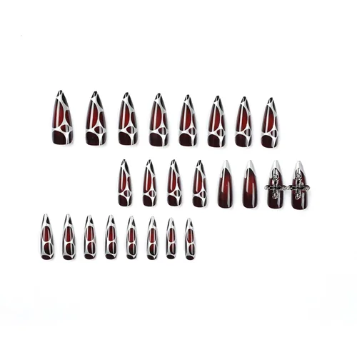 Vista 4 de BABALAL - Uñas postizas largas a presión, uñas postizas negras y rojas, uñas acrílicas de almendra con diseño gótico de vampiro, uñas adhesivas