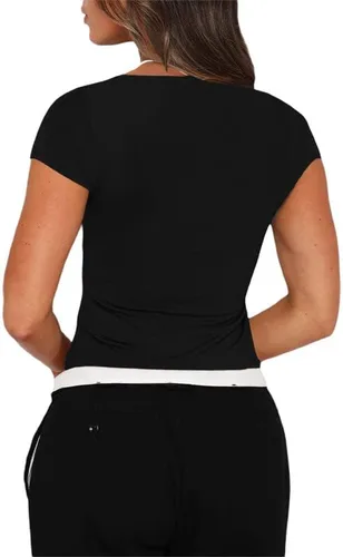 Vista 4 de Camiseta corta de manga corta para mujer, cuello cuadrado, para salir, ajustada, ropa Y2K