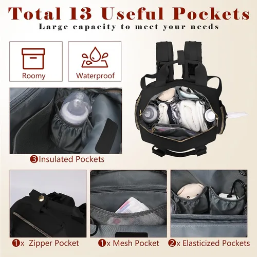 Vista 5 de Mochila para pañales de viaje con cambiador, 13 bolsillos, bolsillos aislados, puerto de carga USB, artículos esenciales para baby shower