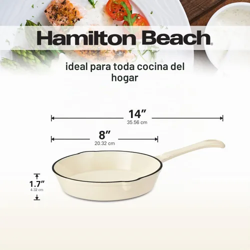 Vista 6 de Sartén de Hierro Fundido Esmaltada Hamilton Beach de 8 Pulgadas en Crema, Revestimiento Esmaltado en Crema, Sartén para Estufa y Horno