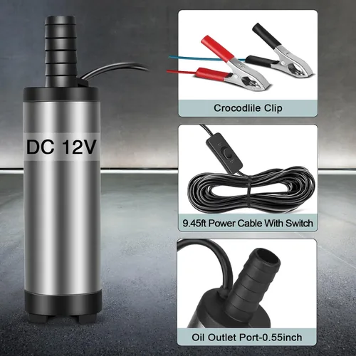 Vista 4 de Bomba de transferencia de combustible 12V, mini portátil de acero inoxidable con interruptor de encendido/apagado, bomba de agua para transferencia