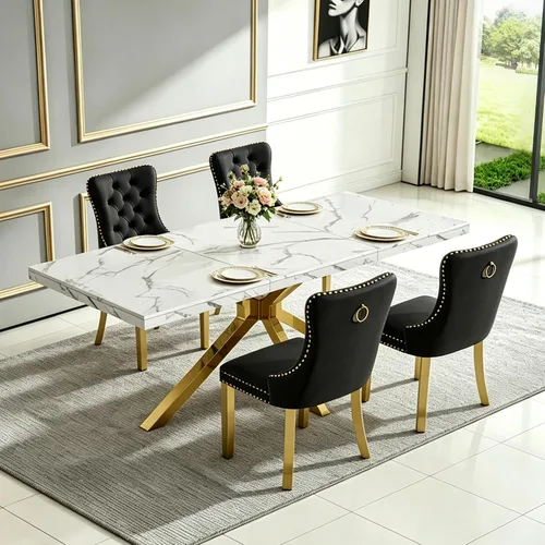 Vista 10 de Henf Mesa de comedor de mármol sintético blanco de 70 pulgadas para 4-6 personas, mesa de cocina rectangular moderna con mesa de mármol sintético