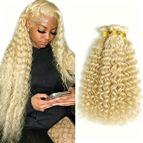 Vista 195 de P4613 Cabello humano rizado onda profunda marrón y paquetes mixtos 8 10 12 P4613 Ombre Marrón-Rubio-DP