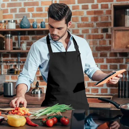 Vista 7 de 15 delantales para adultos a granel con bolsillos, delantal de chef ajustable para mujeres y hombres, pintura, cocina, manualidades (S/L)