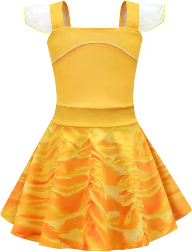Vista 2 de Vestido de campana para niñas, vestido de princesa amarillo, vestido de verano con cuello cuadrado, dobladillo con volantes, vestido casual