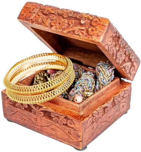 Vista 6 de SimbaKart - Hermosa talla floral hecha a mano, joyero de madera, organizador de almacenamiento, caja de tesoros, organizador de joyas, caja