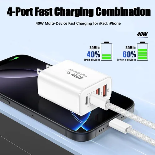 Vista 2 de Cargador para iPhone 17 de carga rápida, bloque de cargador USB C de 4 puertos, paquete de 2 cargadores de Apple de 40 W con cable trenzado USB C a