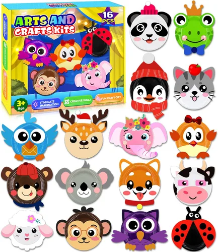 Vista 9 de Paquete de 16 Artes y Manualidades para Niños, Manualidades para Niños Pequeños, Kit de Arte con Platos de Papel de Animales, Regalo para Niños