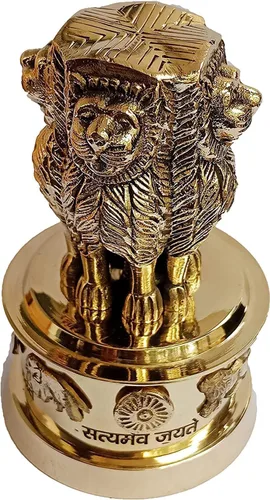 Vista 7 de PARIJAT HANDICRAFT Columna de estambh de latón Ashoka emblema de bandera nacional de cuatro leones satyamev jayete adornado escritorio papel