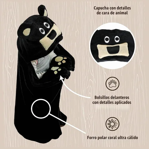 Vista 5 de Manta con capucha para llevar puesta Lazy One para niños, manta con capucha de animales (Oso)