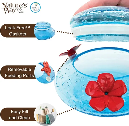 Vista 3 de Nature's Way Bird Products GHF9 Comedero para colibríes soplado a mano para jardín con llenado superior, capacidad de 16 oz, azul (066580)