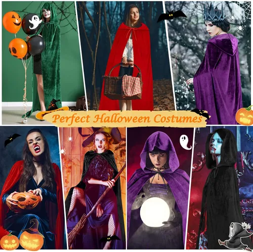 Vista 5 de qikqik Capa de terciopelo con capucha y capa de bruja para adultos, disfraz de cosplay de vampiro, capa de mago