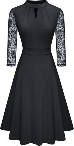 Vista 2 de HOMEYEE Vestidos de fiesta retro de encaje con cuello redondo para mujer, A234