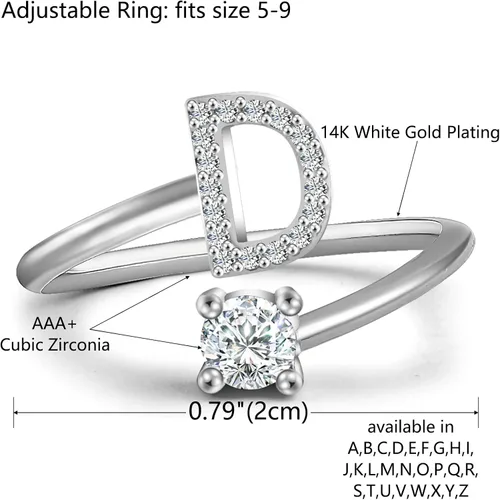 Vista 2 de Haoze - Anillo de letras iniciales para mujeres y niñas anillo de plata ajustable y apilable de letras anillo ajustable con incrustaciones