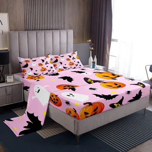 Vista 8 de Manfei Juego de sábanas de Halloween tamaño individual, juego de ropa de cama de farol de calabaza fantasmas para niños y niñas, decoración