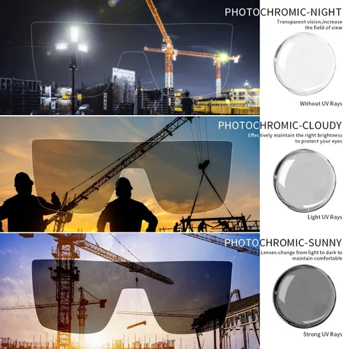 Vista 7 de Gafas de seguridad fotocrómicas de transición para hombres y mujeres, gafas de seguridad envolventes con protección UV anti luz azul