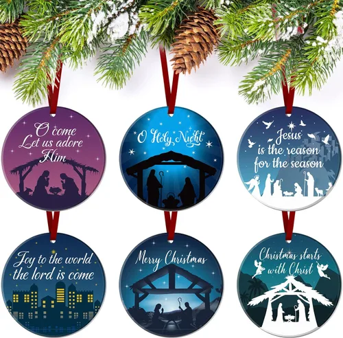 Vista 8 de Karenhi 6 piezas de adornos navideños de escena del nacimiento de Jesús, regalos religiosos, adorno navideño colgante de cerámica, escena