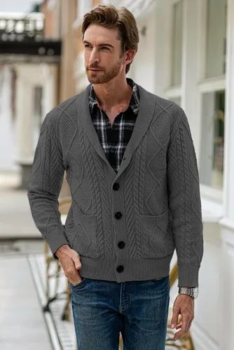 Vista 3 de JMIERR Suéter casual de manga larga con cuello de chal y botones para hombre con bolsillos