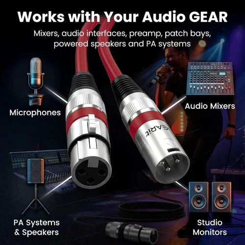 Vista 6 de GEARit XLR Cables de 1 pie 6 unidades de varios colores, cable de micrófono XLR macho a hembra, cable de micrófono blindado equilibrado