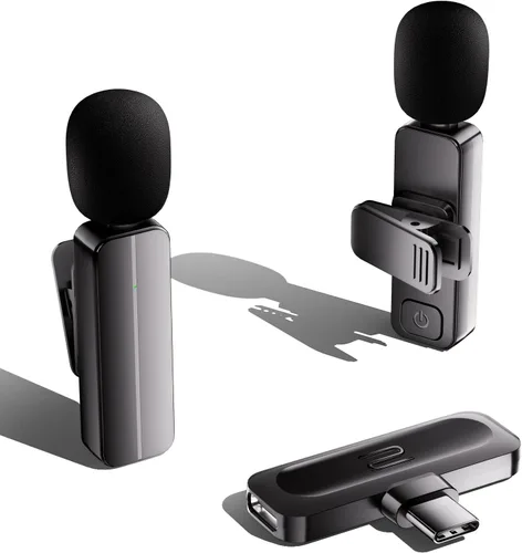 Vista 14 de Paquete de 2 micrófonos inalámbricos mini Lavalier de solapa para iPhone, teléfono Android (2 en 1) - micrófonos duales inalámbricos con clip de 65