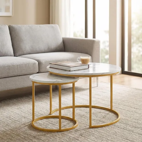 Vista 8 de Juego de 2 mesas auxiliares redondas anidadas, apilables, minimalistas Modern Marble Pattern Wooden Nesting Tables for Living Room Bedroom Small