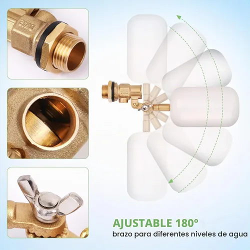 Vista 2 de Válvula de flotador de 1/2 pulgada, válvula de flotador de agua de latón con brazo ajustable, válvula de bola flotante de llenado automático y 1/2