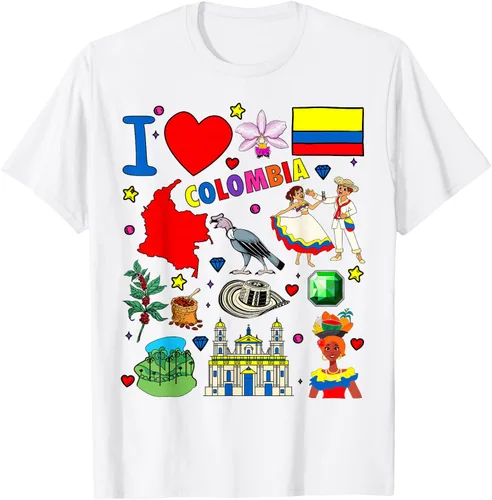 Vista 54 de Camiseta con diseño de bandera y mapa de I Love Colombia dibujada a mano