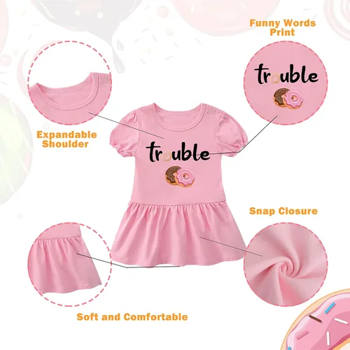Vista 3 de YSCULBUTOL Conjunto de mameluco para bebé gemelas, doble problema, dulce donas, trajes para niña, vestidos de hermana, mameluco con diadema