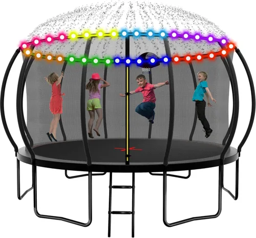 Vista 10 de Trampolín de 1500 libras, 10 pies, 12 pies, 14 pies, 15 pies, 16 pies, con luces LED, rociador, altavoz de música y calcetines, trampolín