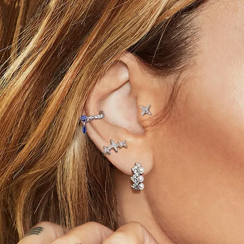 Vista 6 de Juego de aretes de plata de ley 925 para mujer, ajustables, sin perforación, para cartílago, con clip