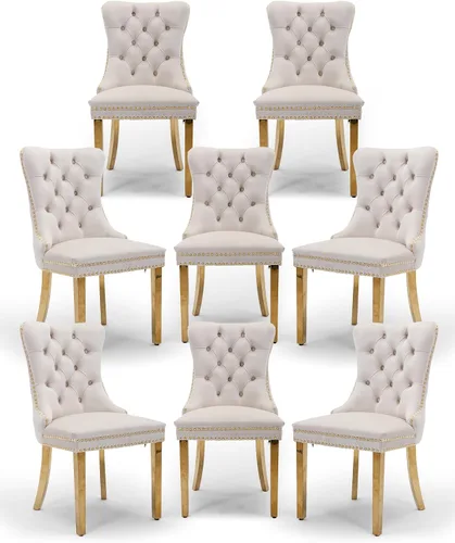 Vista 87 de Juego de 2 sillas de comedor de terciopelo con patas de madera, color beige Mid Century Modern Dining Chairs,Upholstered Chairs with Nailhead