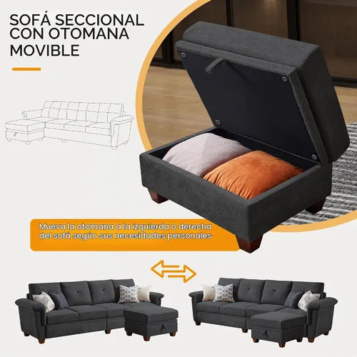 Vista 5 de Sofá Seccional Convertible, Sofá en Forma de L de 4 Asientos con Almacenamiento, Respaldo Alto y Portavasos, Sofás Modernos de Tela de Microfibra