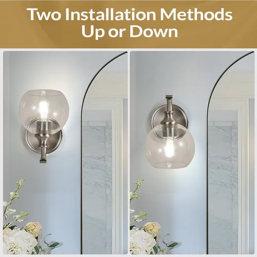 Vista 6 de ANDY STAR Lámparas de baño de níquel cepillado, luces de tocador de 1 luz, apliques modernos de pared de baño con pantalla de vidrio transparente
