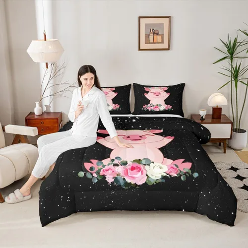 Vista 4 de Erosebridal Juego de edredón de cerdo rosa para niñas, decoración de habitación Kawaii, tamaño individual, relleno de edredón de hojas florales