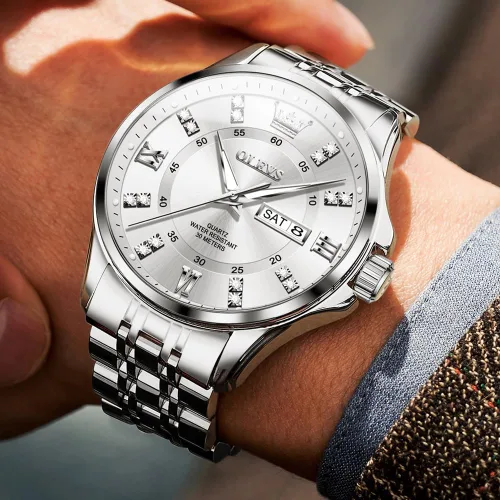 Vista 15 de OLEVS - Relojes de diamantes para hombres, relojes de vestir a prueba de agua, relojes analógicos de cuarzo de lujo con calendario de fecha y correa