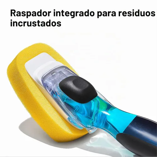 Vista 4 de OXO Good Grips Soap Dispensing Dish Sponge Exfoliante de platos, seguro para todos los utensilios de cocina, jabón con botón, fácil de rellenar