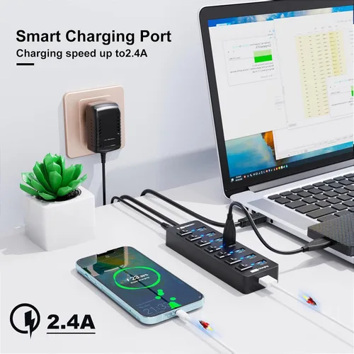 Vista 8 de Hub USB 3.0 alimentado, concentradores VEMONT de 7 puertos múltiples USB y 1 puerto de carga inteligente USB con fuente de alimentación de 5 V/3 A