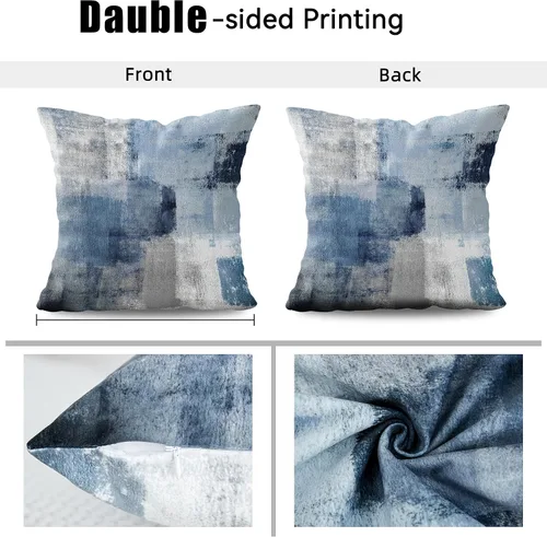 Vista 5 de Almohadas de terciopelo decorativas abstractas de color azul y gris, fundas de almohada de 16 x 16 pulgadas Juego de 2, azul marino, gris, fundas