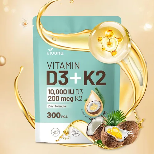 Vista 12 de VivoNu Vitamina D3 K2 10000 UI con MK7-300 Cápsulas blandas de aceite de coco virgen, 2 en 1 vitaminas D y K complejo Vitamina D3 con K2