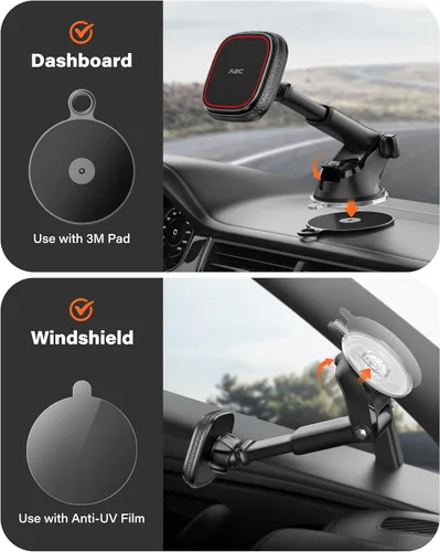 Vista 7 de APPS2Car - Soporte magnético para automóvil, tablero de instrumentos y parabrisas con ventosa con brazo telescópico, soporte magnético para teléfono